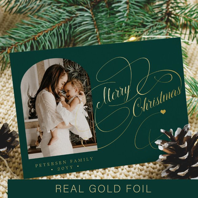 Tarjeta Festiva Con Relieve Metalizado Foto personalizada Merry Christmas script gold (Subido por el creador)