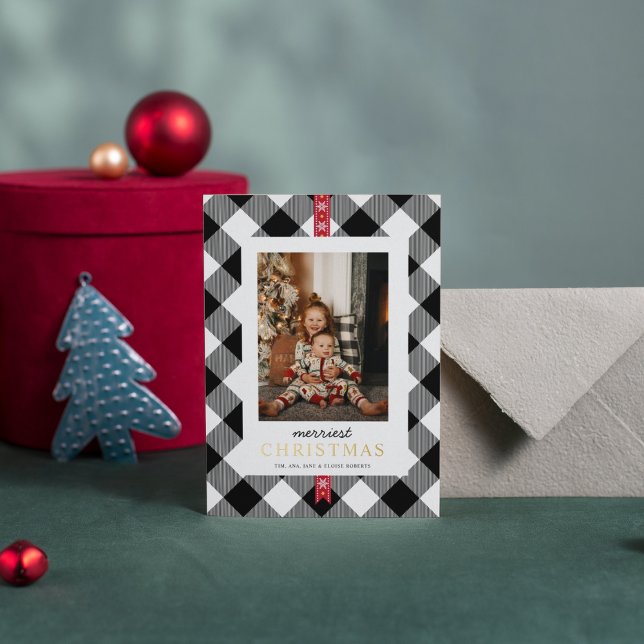 Tarjeta Festiva Con Relieve Metalizado Foto personalizado Black White Tartan Plaid Xmas (Subido por el creador)