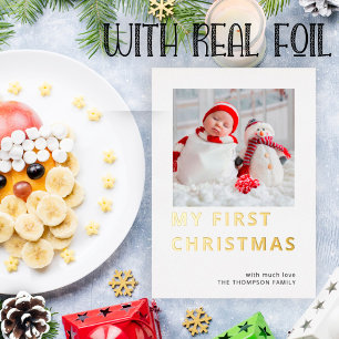 Tarjeta Festiva Con Relieve Metalizado Foto Personalizado moderna Mi primera Navidad