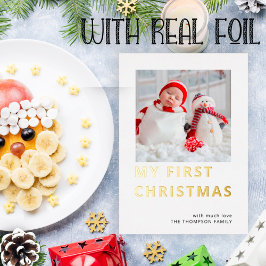 Tarjeta Festiva Con Relieve Metalizado Foto Personalizado moderna Mi primera Navidad