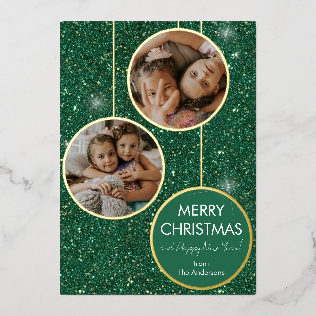 Tarjeta Festiva Con Relieve Metalizado Foto personalizado Purpurina Verde Feliz Navidad (Anverso)