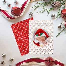 Tarjeta Festiva Con Relieve Metalizado Foto personalizado Santa Bebé Snowflakes White Red