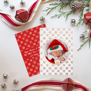 Tarjeta Festiva Con Relieve Metalizado Foto personalizado Santa Bebé Snowflakes White Red