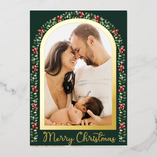 Tarjeta Festiva Con Relieve Metalizado Foto personalizar Wreath Merry Christmas (Anverso)