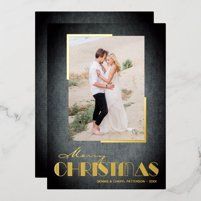 Tarjeta Festiva Con Relieve Metalizado Foto Rustic Black Merry Christmas (Anverso/Reverso)