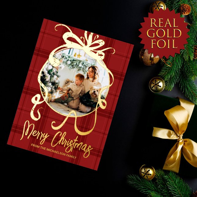 Tarjeta Festiva Con Relieve Metalizado Foto Rustic Gold Bow Family (Subido por el creador)