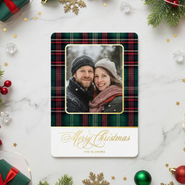Tarjeta Festiva Con Relieve Metalizado Foto Rustic Plaid de Feliz Navidad