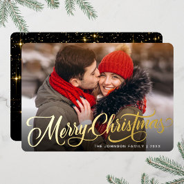 Tarjeta Festiva Con Relieve Metalizado FOTO Sparkle Merry Christmas Greaming Gold