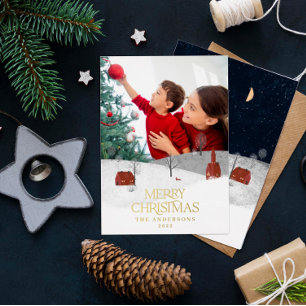 Tarjeta Festiva Con Relieve Metalizado Foto tradicional elegante rústico invierno nieve c