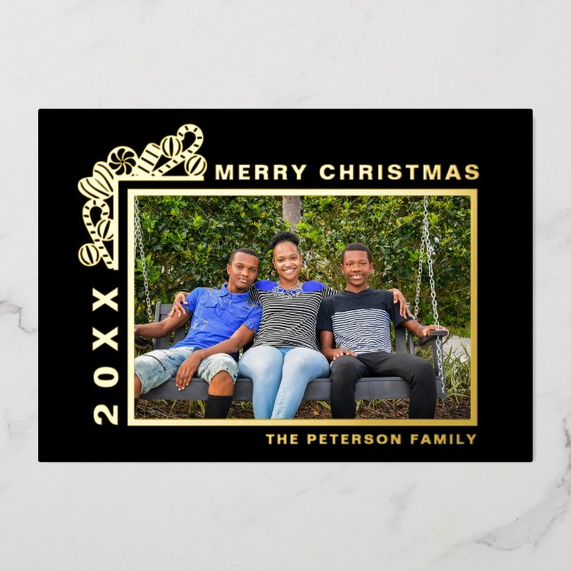 Tarjeta Festiva Con Relieve Metalizado Foto única Merry Christmas Gold (Anverso)