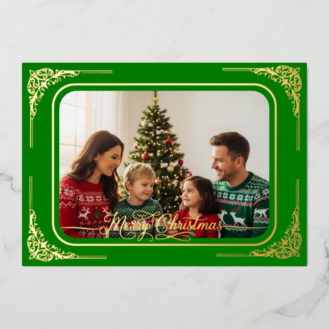 Tarjeta Festiva Con Relieve Metalizado Foto verde completa Navidades con marco de oro (Anverso)