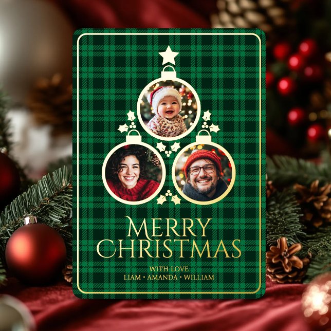Tarjeta Festiva Con Relieve Metalizado Foto verde de la familia Tartán Plaids moderna nav (Christmas Modern Tartan Plaids Family Green Photo Foil Holiday Card)