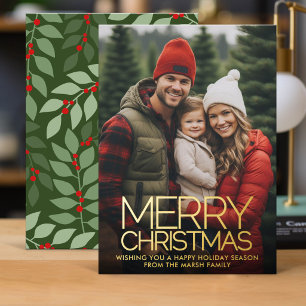 Tarjeta Festiva Con Relieve Metalizado Foto vertical botánica Feliz Navidad - dorado