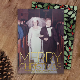 Tarjeta Festiva Con Relieve Metalizado Foto vertical botánica Feliz Navidad - oro