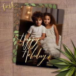 Tarjeta Festiva Con Relieve Metalizado Foto vertical de Navidad - con Feliz dorado