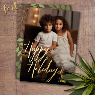 Tarjeta Festiva Con Relieve Metalizado Foto vertical de Navidad - con Feliz dorado