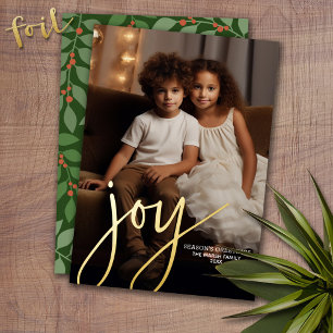 Tarjeta Festiva Con Relieve Metalizado Foto vertical de Navidad - Escritura JOY en Hoja d