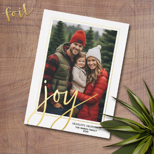 Tarjeta Festiva Con Relieve Metalizado Foto vertical de Navidad - Script Gold JOY Plaid