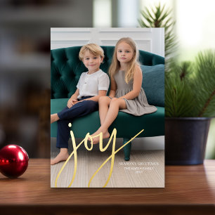 Tarjeta Festiva Con Relieve Metalizado Foto vertical de navidades - Script Gold JOY -