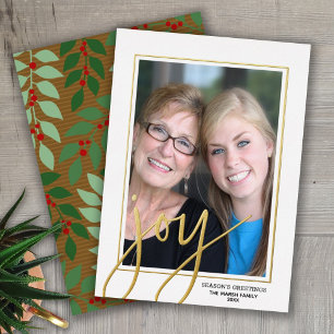 Tarjeta Festiva Con Relieve Metalizado Foto vertical de navidades - Script Gold JOY -