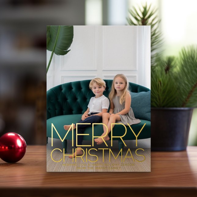 Tarjeta Festiva Con Relieve Metalizado Foto vertical - Feliz Navidad - Alegría al mundo (Modern Christmas Card with Photos)