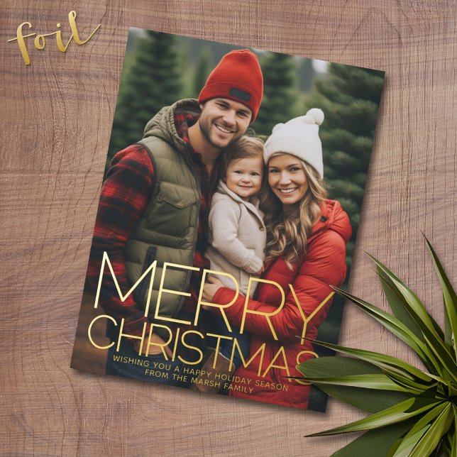 Tarjeta Festiva Con Relieve Metalizado Foto vertical - Feliz Navidad - estrella rosa roja (Foil Christmas Greeting Card with Photo)