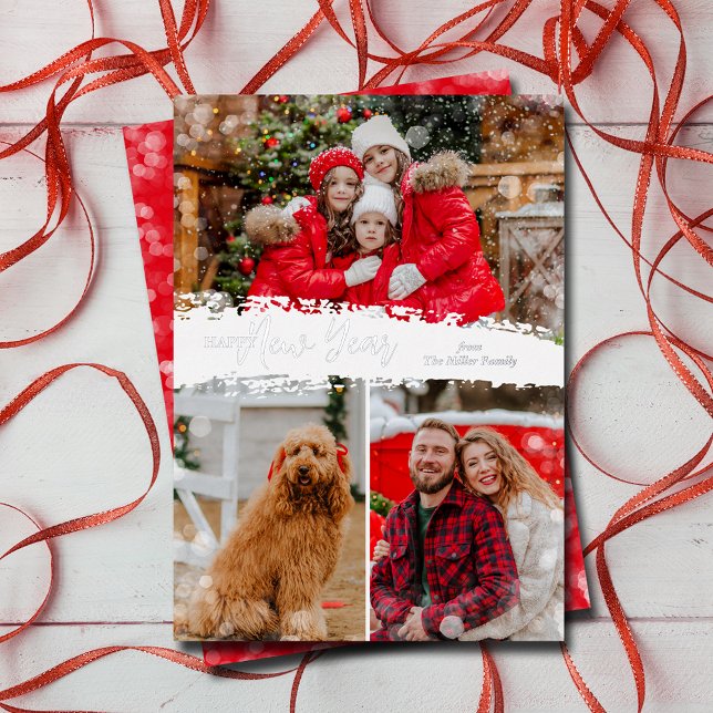 Tarjeta Festiva Con Relieve Metalizado Fotografía de Año Nuevo 3 (Happy New Year 3 Photo Foil Holiday Cards)
