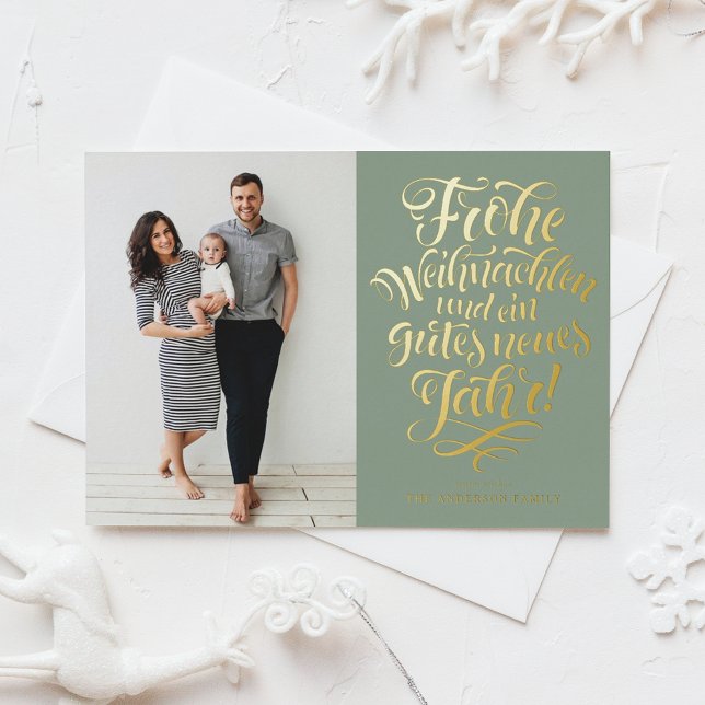 Tarjeta Festiva Con Relieve Metalizado Fotografía de calligrafía de Sage Green Frohe Weih (Subido por el creador)