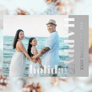 Tarjeta Festiva Con Relieve Metalizado Fotografía de la familia Happy Holidays Gris cla