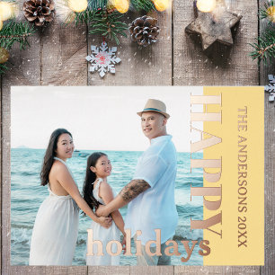 Tarjeta Festiva Con Relieve Metalizado Fotografía de la familia Happy Holidays Oro suav