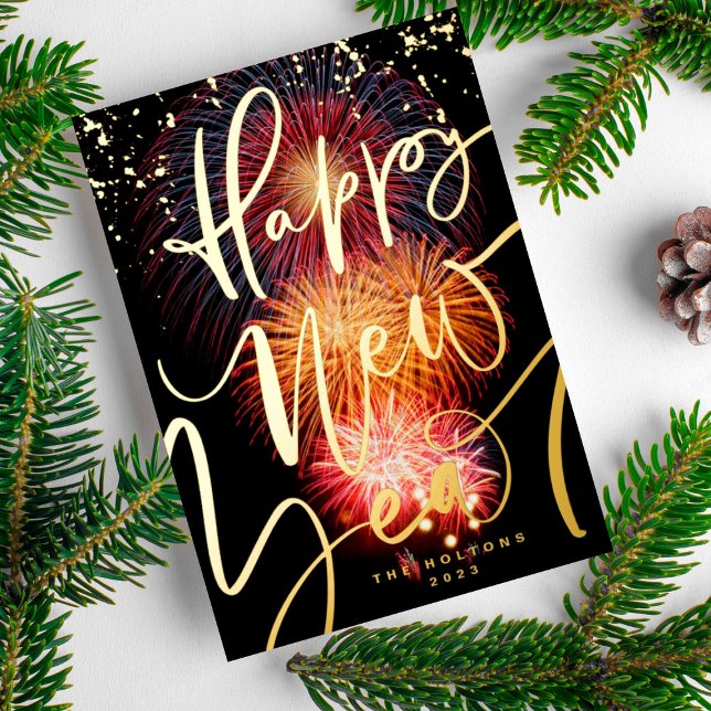 TARJETA FESTIVA CON RELIEVE METALIZADO FOTOGRAFÍA DE LOS FUEGOS ARTIFICIALES ORO FELIZ AÑ (Subido por el creador)