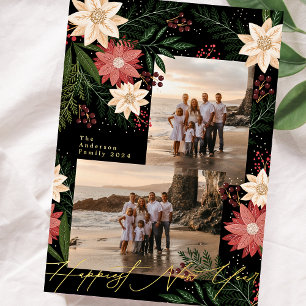 Tarjeta Festiva Con Relieve Metalizado Fotografía de Poinsettia Premium de Año Nuevo Feli