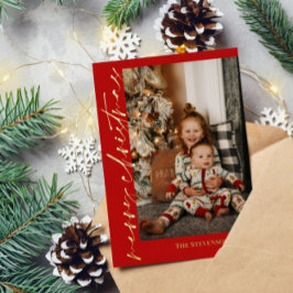 Tarjeta Festiva Con Relieve Metalizado Fotografía de Red Gold Calligraphy Feliz Navidad