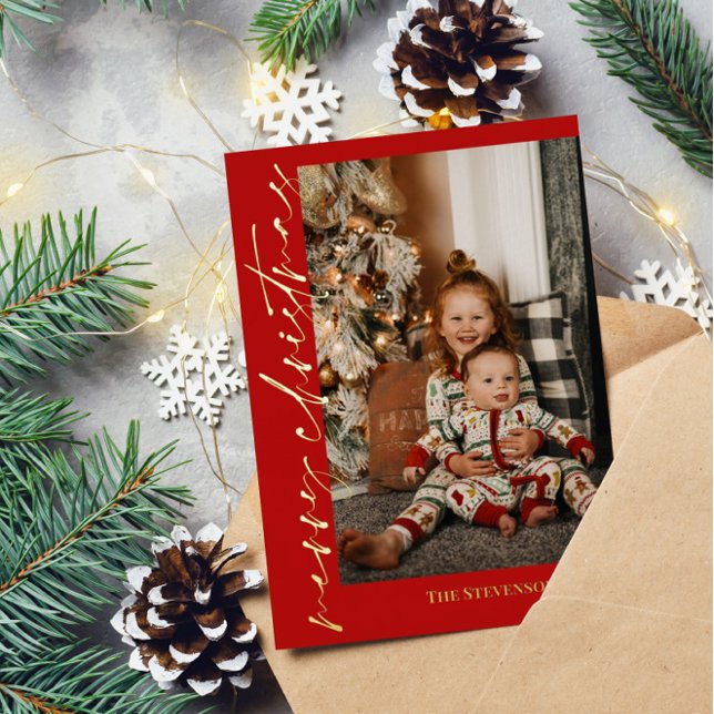 Tarjeta Festiva Con Relieve Metalizado Fotografía de Red Gold Calligraphy Feliz Navidad (Subido por el creador)