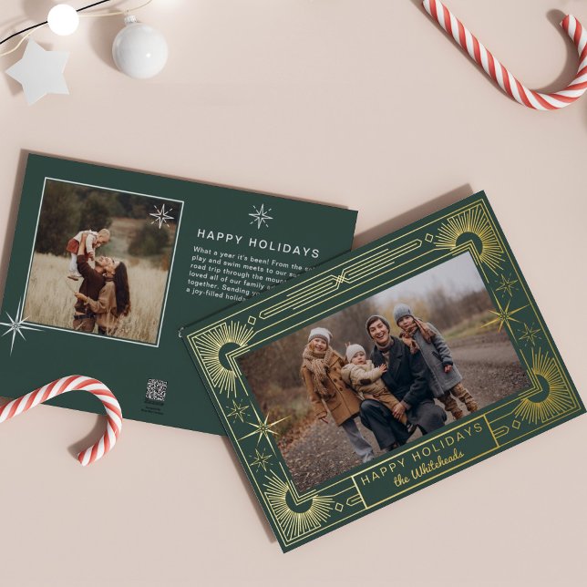 Tarjeta Festiva Con Relieve Metalizado Fotografía de Star Art Deco Felices Fiestas (Snowflake art deco berry holly photo holiday card perfect elegant Christmas card.)