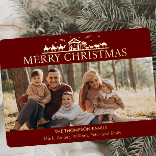 Tarjeta Festiva Con Relieve Metalizado Fotografía familiar Natividad simple Navidades rel