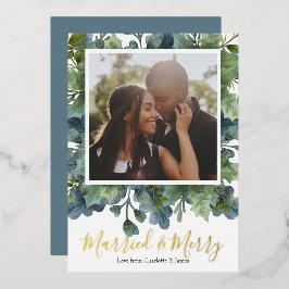 Tarjeta Festiva Con Relieve Metalizado Fotomontaje de Navidad Casados y Felices