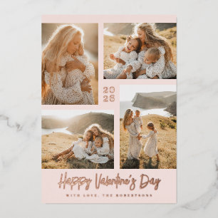 Tarjeta Festiva Con Relieve Metalizado Fotos Colage de San Valentín con Tono Rosa Suave