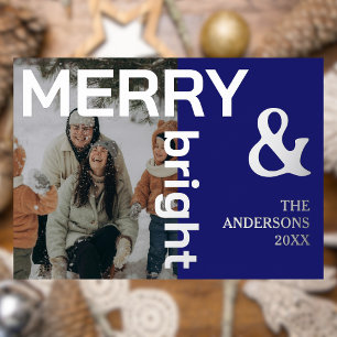 Tarjeta Festiva Con Relieve Metalizado Fotos de la familia merry y Bright Elegante Median