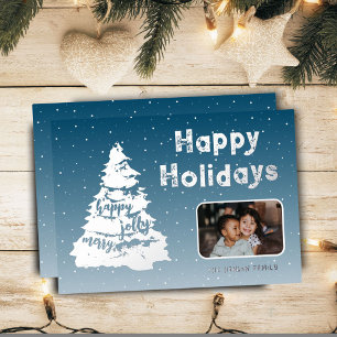 Tarjeta Festiva Con Relieve Metalizado Fotos de la familia Snow en Árbol de Navidad
