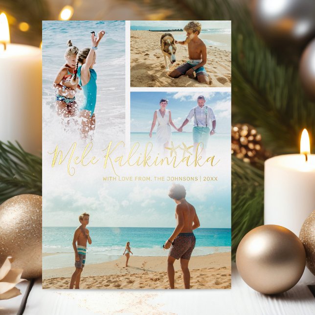 Tarjeta Festiva Con Relieve Metalizado Fotos de Mele Kalikimaka en collage (Subido por el creador)