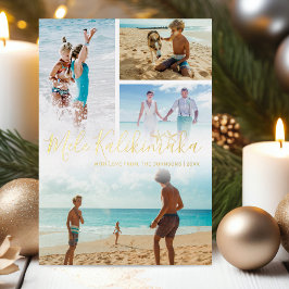Tarjeta Festiva Con Relieve Metalizado Fotos de Mele Kalikimaka en un collage