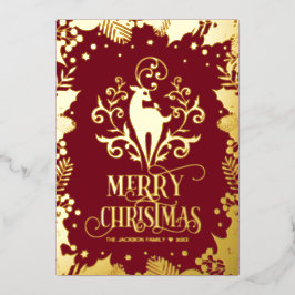 Tarjeta Festiva Con Relieve Metalizado Fotos de Merry Christmas Gold Deer Holly