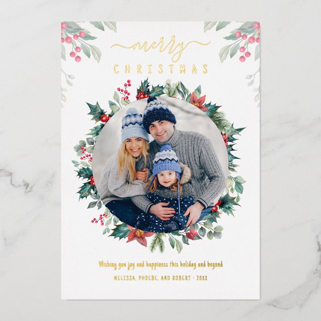 Tarjeta Festiva Con Relieve Metalizado Fotos de Mistletoe Gold de la familia navideña Mer (Anverso)