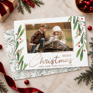 Tarjeta Festiva Con Relieve Metalizado Fotos de Navidad con Verdor y Bayas