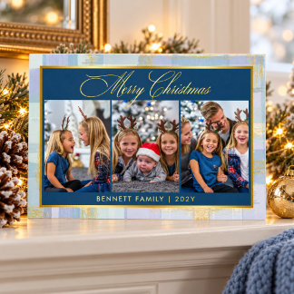 Tarjeta Festiva Con Relieve Metalizado Fotos de Navidad en Colage Azul y Dorado