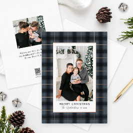 Tarjeta Festiva Con Relieve Metalizado Fotos de Oro Tartan Plaid, Rosa de Feliz Navidad