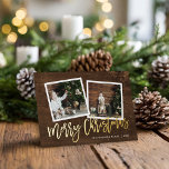 Tarjeta Festiva Con Relieve Metalizado Fotos del guión de oro ruso de navidad<br><div class="desc">Personalizado económico imprimió tarjetas de felicitación de fotos con plantillas sencillas para la personalización. Este diseño rústico de moda presenta una plantilla de 2 fotos con texto de Relieve metalizado dorado real sobre un fondo de madera. Personalízalo con tus fotos, tu apellido, el año u otro texto personalizado. El lado...</div>