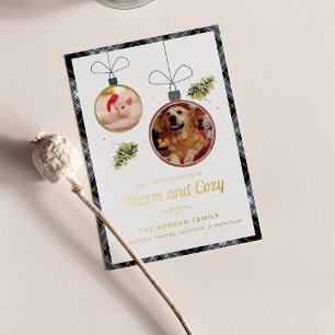 Tarjeta Festiva Con Relieve Metalizado Fotos del Mascota Navidades de Plaid Gordon Tartan