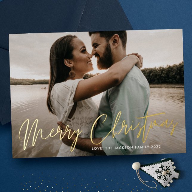 Tarjeta Festiva Con Relieve Metalizado Fotos escritas con la mano de Feliz Navidad Gold (Subido por el creador)